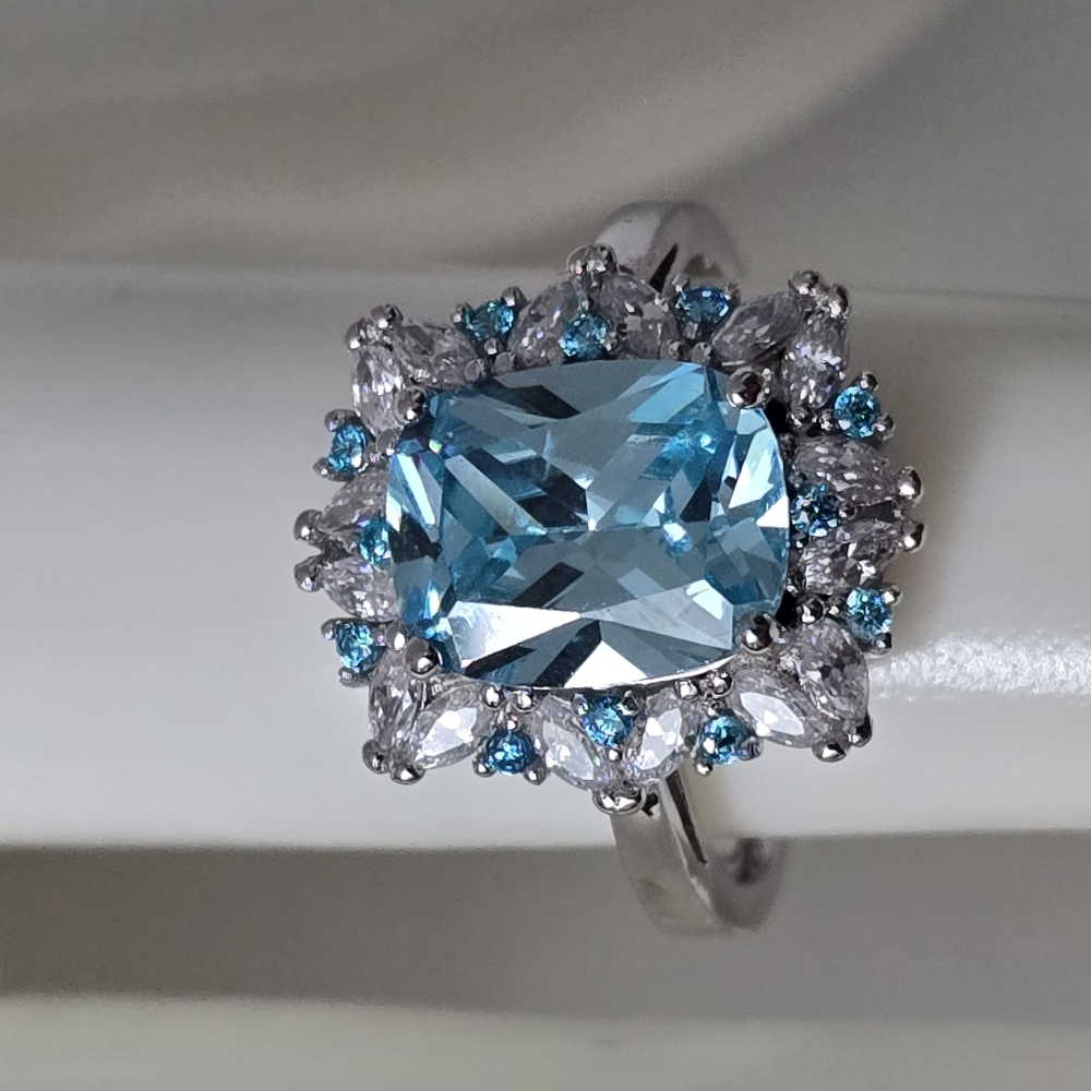 Sterling Silver 925 Blue Topaz Silver Halo Ring